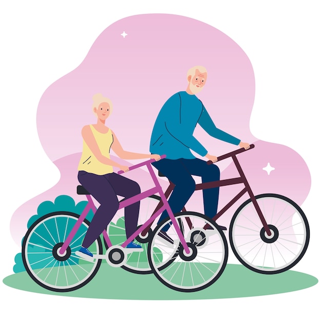 Ilustração de casal de idosos em bicicleta no parque