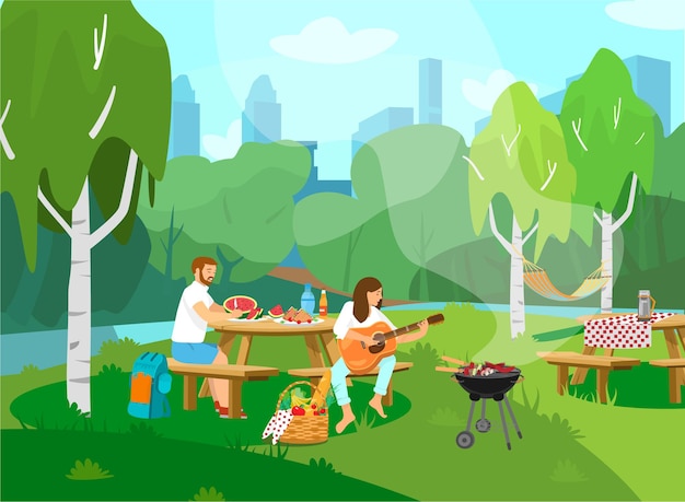 ilustração de casal fazendo piquenique no parque. Estilo de desenho animado.