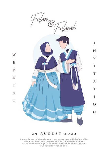 Ilustração de casal muçulmano coreano usando vestido azul tradicional