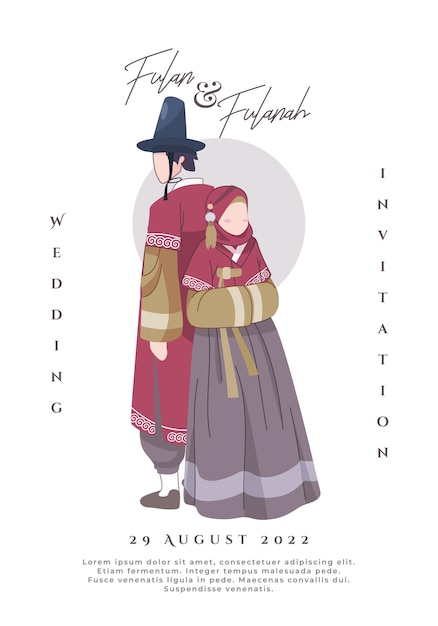 Ilustração de casal muçulmano coreano usando vestido marrom tradicional