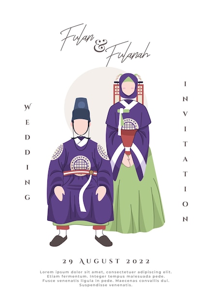 Ilustração de casal muçulmano coreano usando vestido roxo tradicional