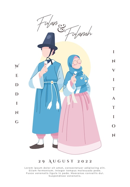 Ilustração de casal muçulmano coreano usando vestido tradicional azul e rosa
