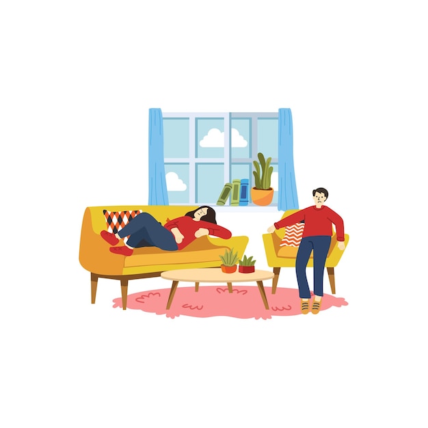 Ilustração de casal tentando e relaxando na sala de estar