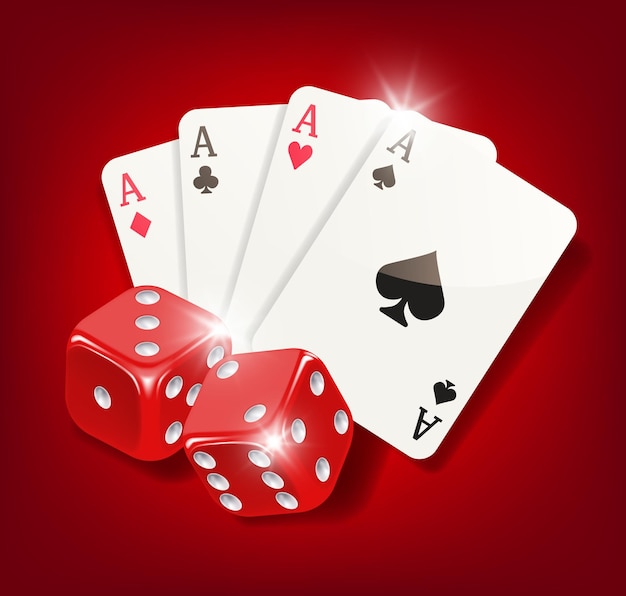 Ilustração de cassino Fã de cartas e dois dados vermelhos Ilustração vetorial isolada em fundo vermelho