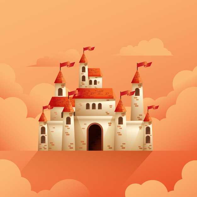 Ilustração de castelo medieval em fantasia nublada ou reino da torre do palácio de conto de fadas