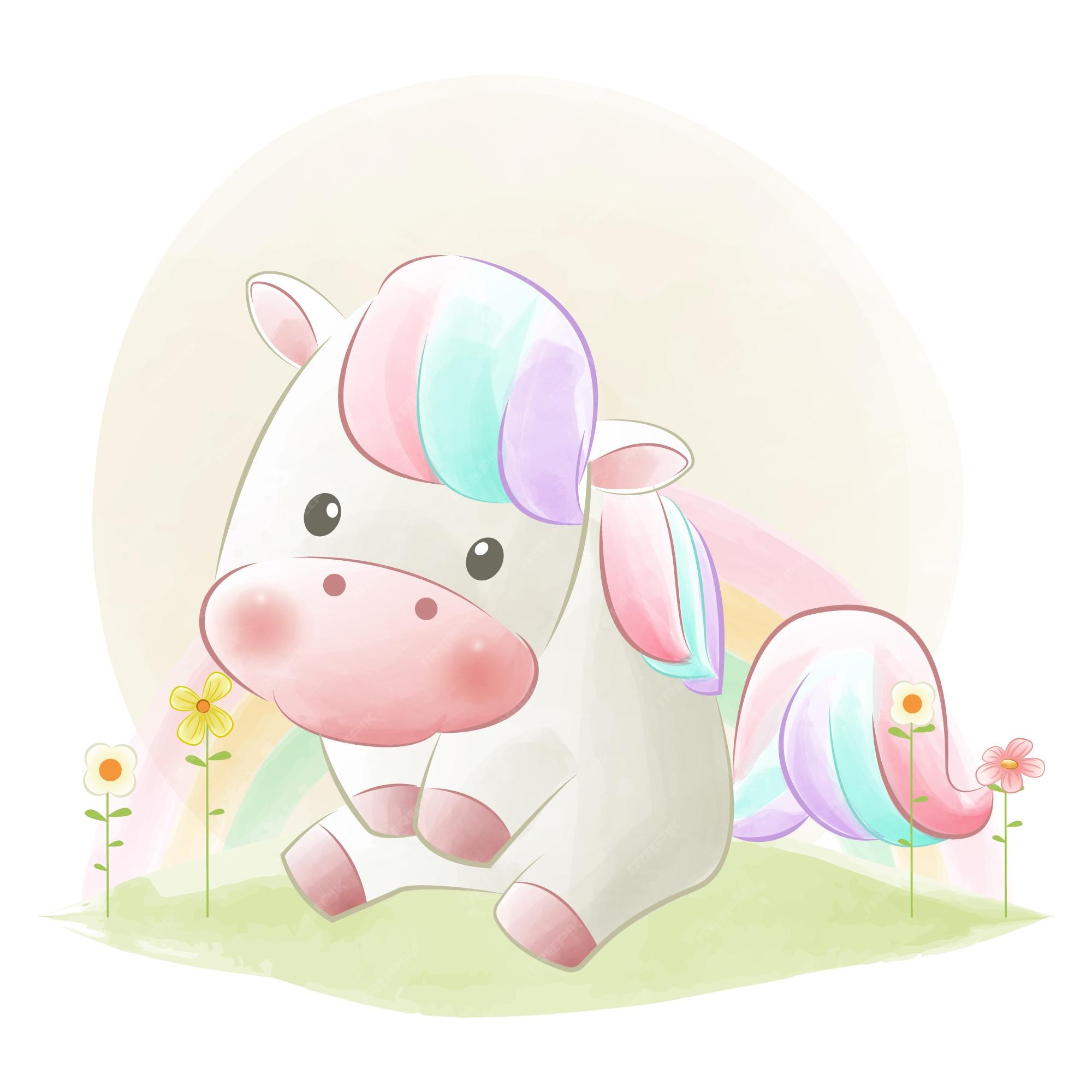 Bonito Unicórnio Desenho Animado Pônei De Fadas Vector De Criança Com Fundo  Doce: Série Fairytale Kawaii Animais Cavalo (bonito Doodles Girly).  Perfeito Para Crianças De Berçário, Cartão, Bebê Chuveiro Menina, Design De