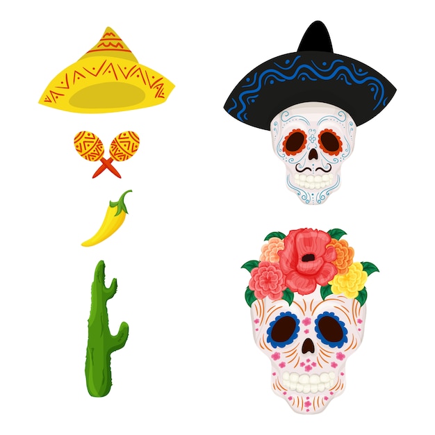 Ilustração de caveira de açúcar mexicano dos desenhos animados e objetos para cinco de mayo