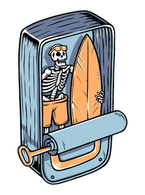 Ilustração de caveira de surfista na lata