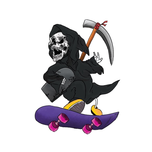 Ilustração de ceifador bonito pegando a morte andando de skate