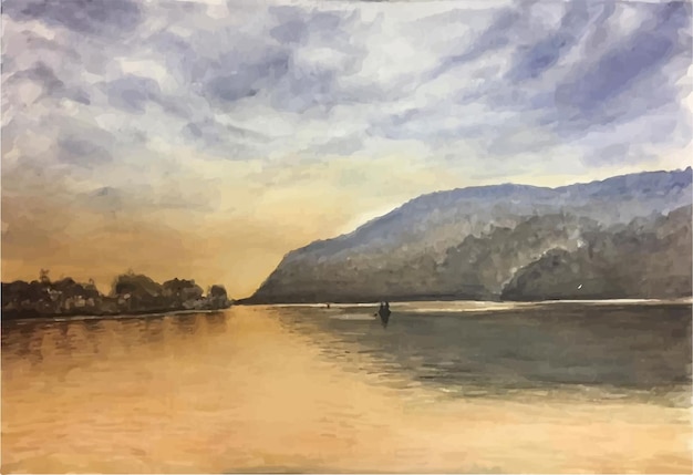 Ilustração de cena de montanha e mar em aquarela desenhada à mão