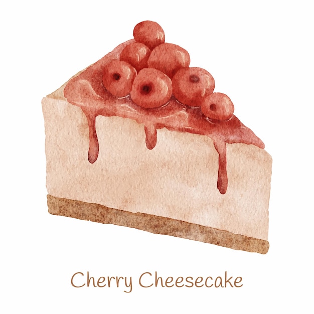 Ilustração de cheesecake de cereja de sobremesa doce em aquarela