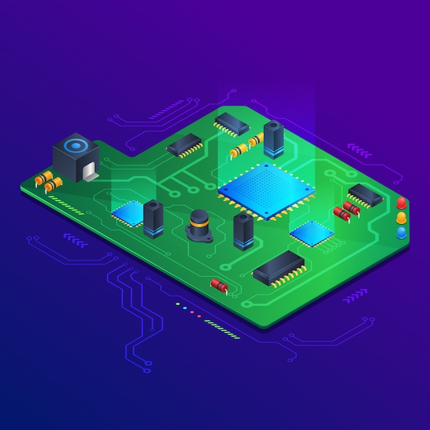 Ilustração de chip semicondutor em vista isométrica