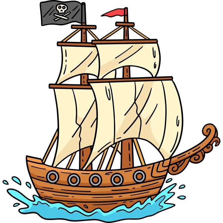 Vetor ilustração de cliparts coloridos de desenhos animados de navios piratas