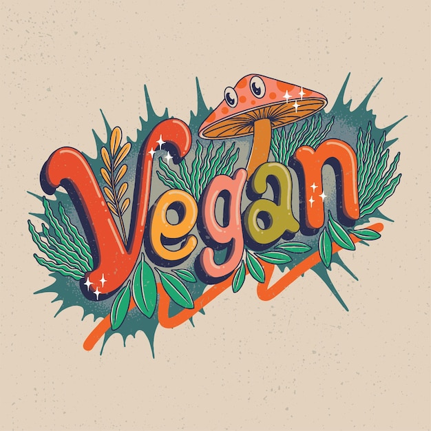 Ilustração de cogumelo com letras de mão vegana