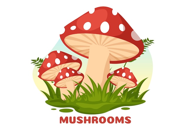 Ilustração de cogumelos com grama de cogumelo diferente e insetos em modelo desenhado à mão de desenho animado plano