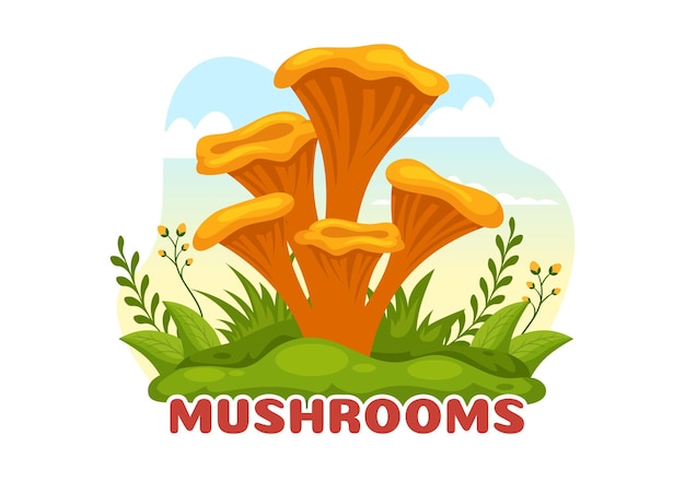 Ilustração de cogumelos com grama de cogumelo diferente e insetos em modelo desenhado à mão de desenho animado plano