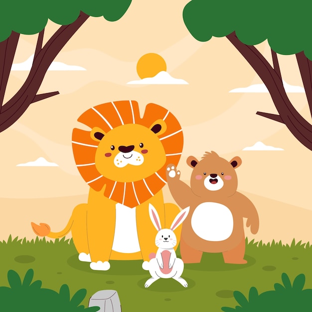 Ilustração de coleção de animais de safári bonitos e planos
