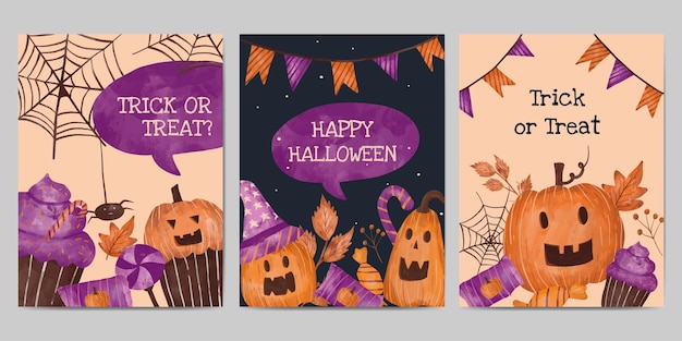 ilustração de coleção de cartões de Halloween desenhada à mão