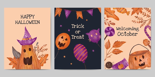 ilustração de coleção de cartões de Halloween desenhada à mão
