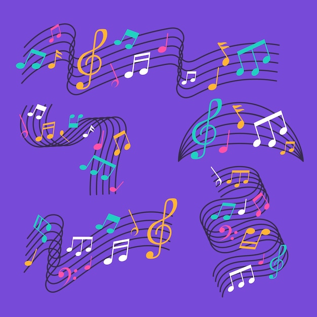 Ilustração de coleção de pentagramas de notas musicais desenhadas à mão