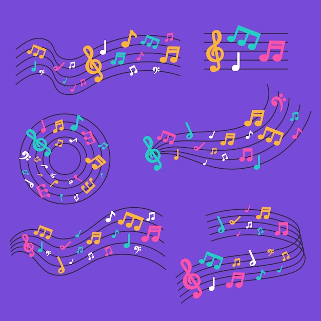 Ilustração de coleção de pentagramas de notas musicais desenhadas à mão