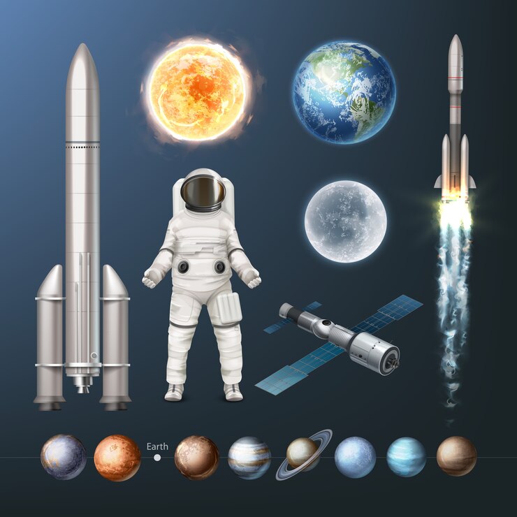 ilustração de coleção de planetas do sistema solar, espaçonave e sol terra