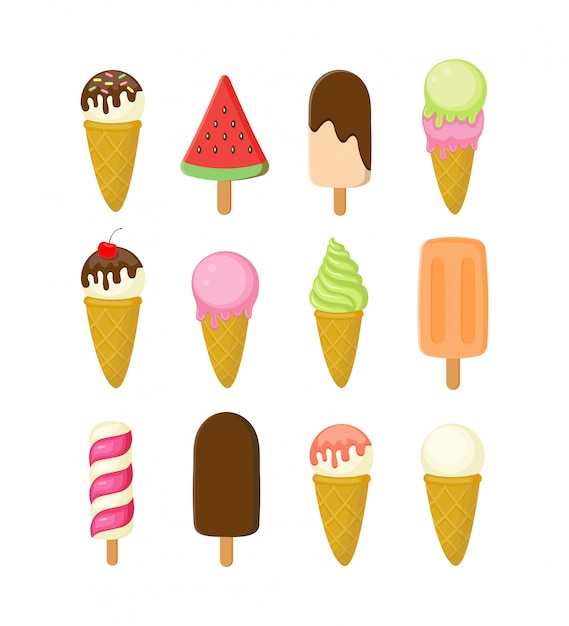 Ilustração de coleção de sorvete diferente colorida isolada no branco