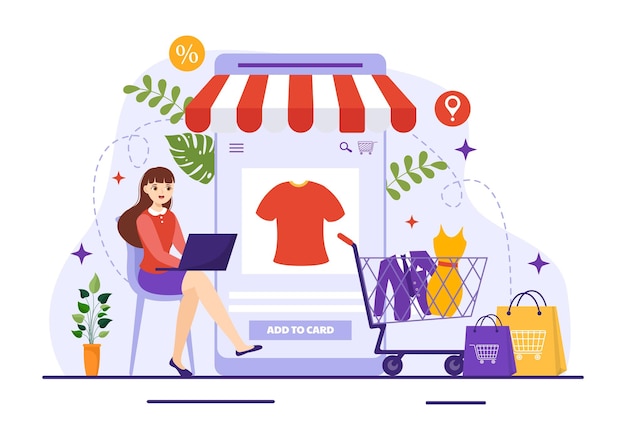 Ilustração de comércio eletrônico móvel de telefone inteligente de compras on-line e promoção de marketing digital