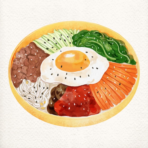 Ilustração de comida coreana em aquarela