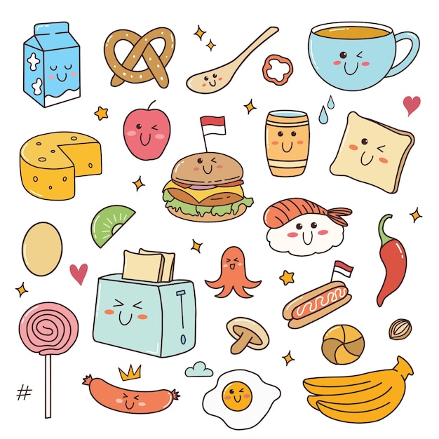 Vetor ilustração de comida cute doodle set