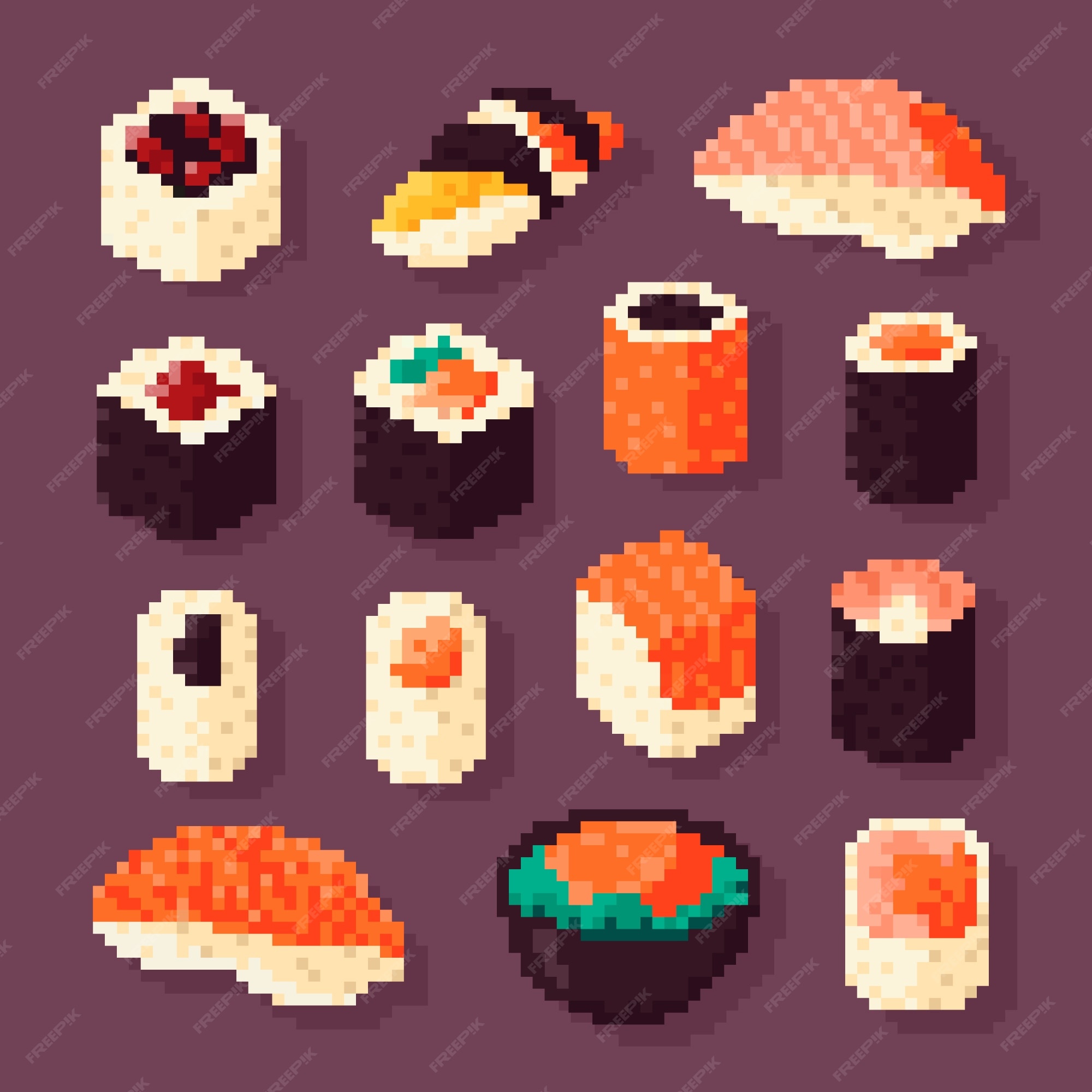 Sushi de pixel art e ícone de vetor de papel de menu de comida