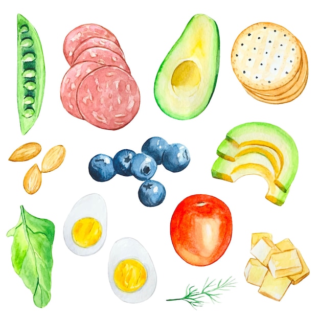 Vetor ilustração de comida em aquarela de ingredientes de café da manhã