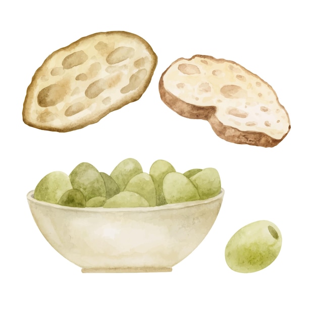 Ilustração de comida em aquarela fatia de baguete e azeitonas no prato