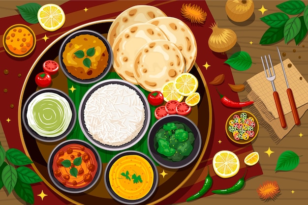 Ilustração de comida indiana desenhada à mão