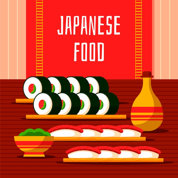 Vetor ilustração de comida japonesa de design plano