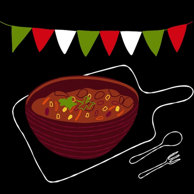 Vetor ilustração de comida mexicana chili con carne em fundo preto
