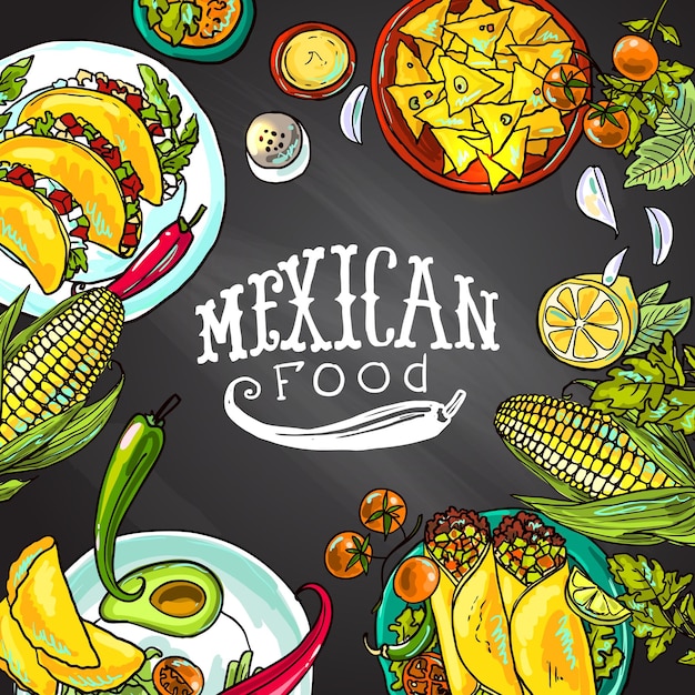Ilustração de comida mexicana na lousa