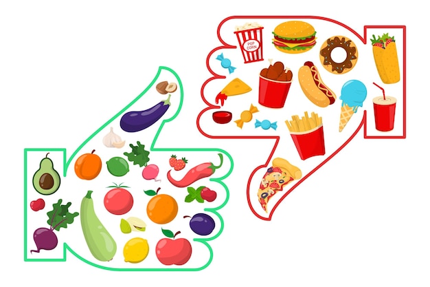 Ilustração de comida saudável x junk food