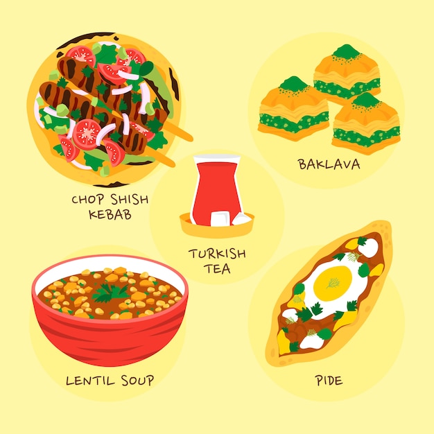 Vetor ilustração de comida turca de design plano desenhado à mão