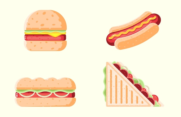 Vetor ilustração de comida vetorial de sanduíche de cachorro-quente de hambúrguer e sanduíche grelhado