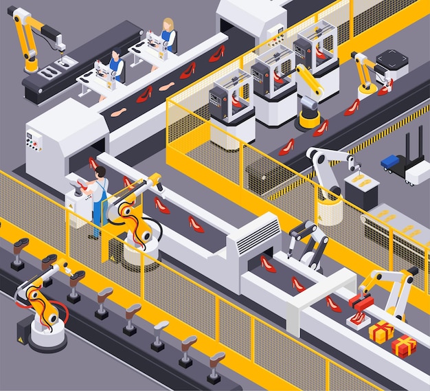 Ilustração de composição isométrica de produção de calçados