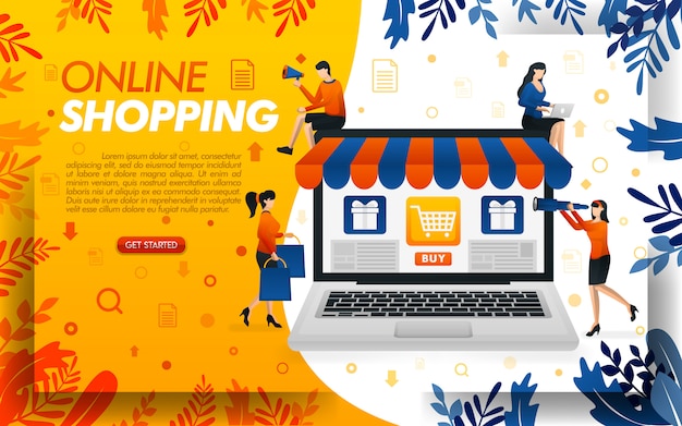 Ilustração de compras on-line com laptops gigantes e pessoas de compras