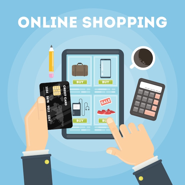 Ilustração de compras online comprando com tablet e cartão de crédito