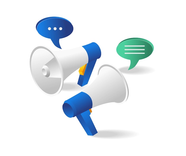 Ilustração de conceito 3d plana isométrica comunicação de tecnologia de marketing de megafone