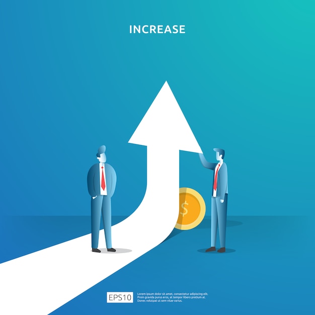 Ilustração de conceito de aumento de taxa de salário de renda com caráter de pessoas e seta. desempenho financeiro do retorno sobre o investimento roi. crescimento do lucro da empresa, receita de margem de crescimento de vendas com o símbolo do dólar