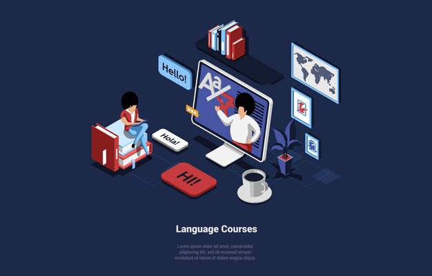 Ilustração de conceito de cursos de idiomas em estilo cartoon 3D