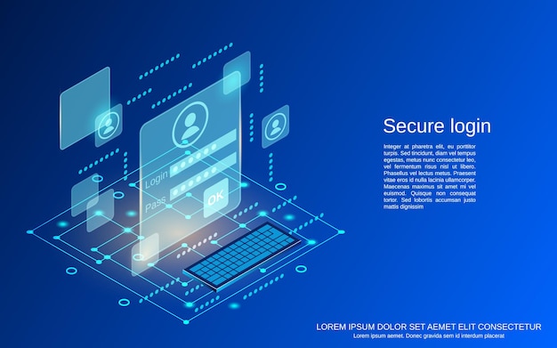 Ilustração de conceito de vetor isométrico 3d plano de login seguro