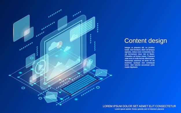 Vetor ilustração de conceito de vetor isométrico plano 3d de design de conteúdo