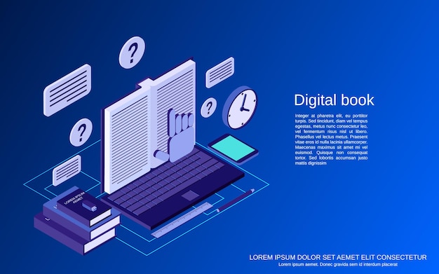 Ilustração de conceito de vetor plano isométrico de livro digital