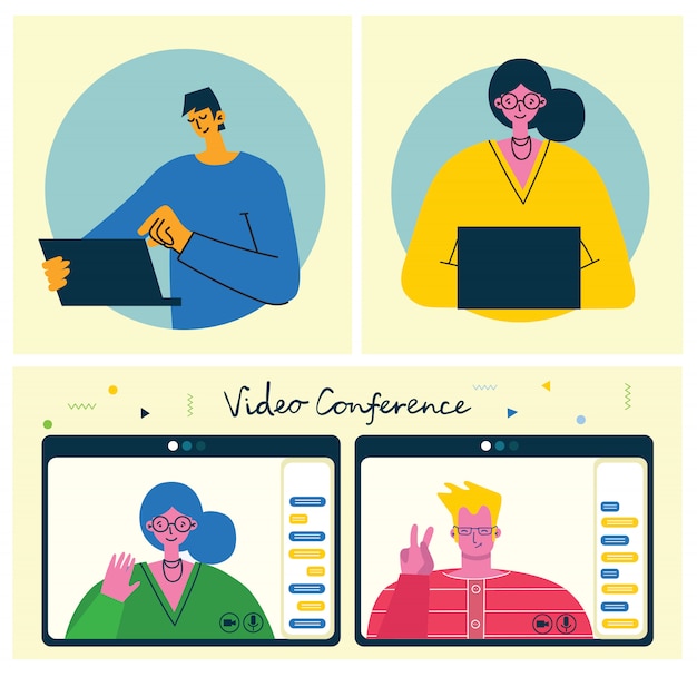 Ilustração de conceito on-line de webinar. as pessoas usam o bate-papo por vídeo no desktop e laptop para fazer a conferência. trabalhe remotamente em casa. ilustração em vetor apartamento moderno.